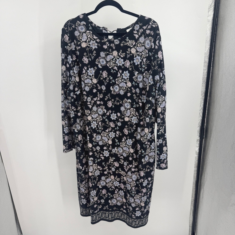 J. Jill Womens 2X Navy Floral Knit Long Sleeve Shift Dress Lace Up Back Boho